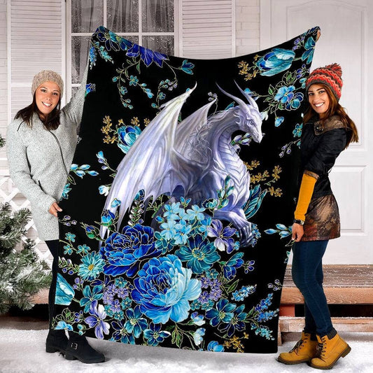 Manta de vellón y sherpa con diseño de dragón blanco y flores