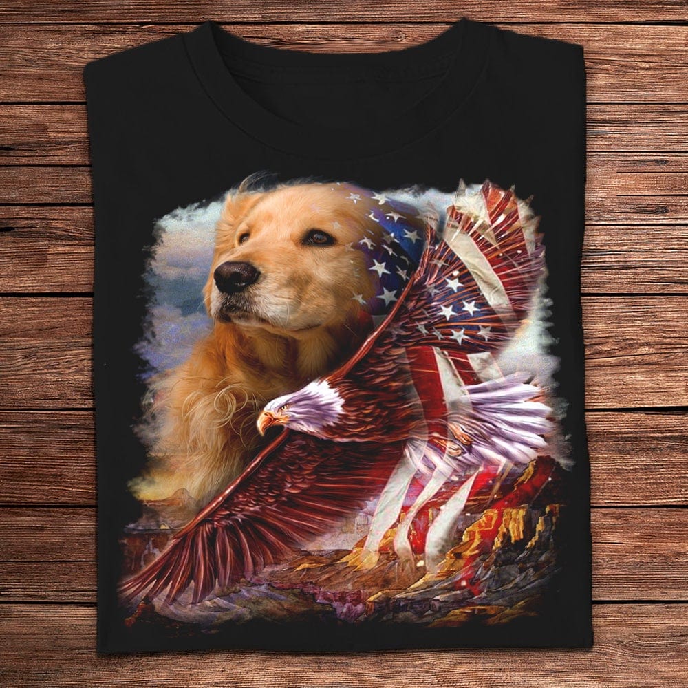 Camisetas con la bandera estadounidense, águila y golden retriever