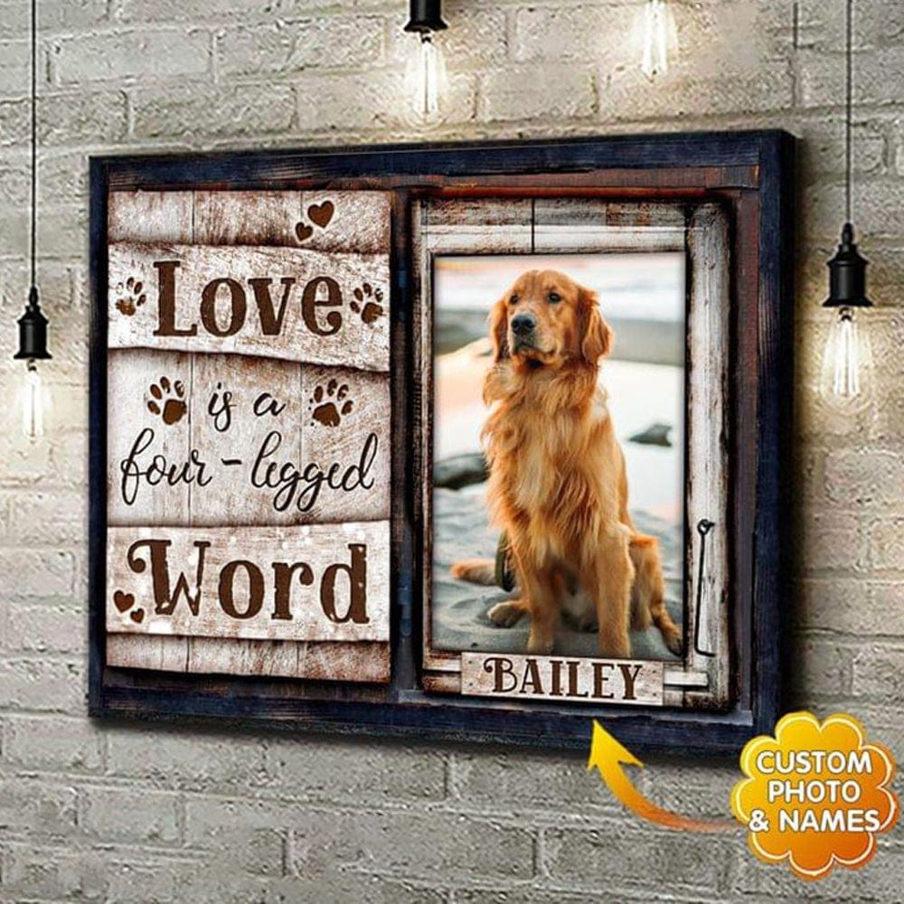 Póster personalizado de Golden Retriever con la palabra "El amor es de cuatro patas" en lienzo