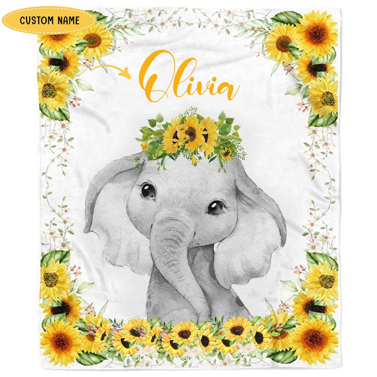 Personalized Elephant Sunflower Fleece & Sherpa Blanket