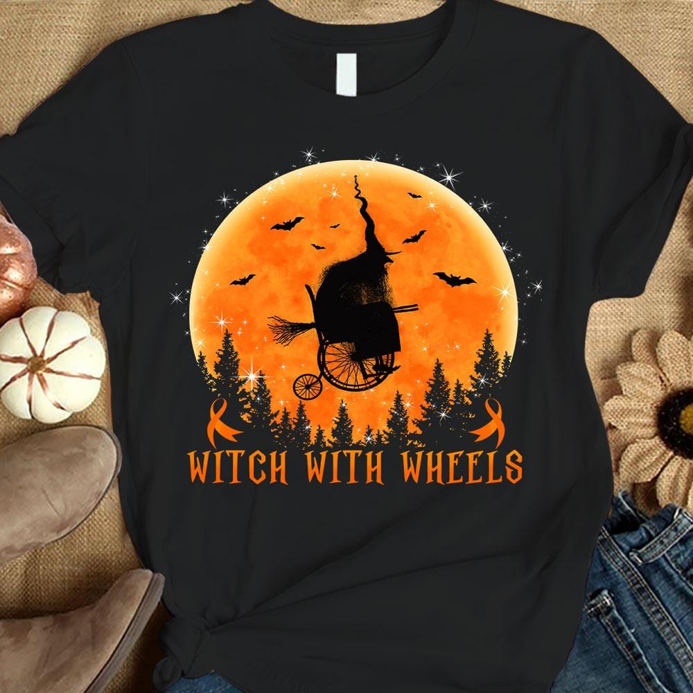 Camiseta divertida de concienciación sobre la esclerosis múltiple con bruja con ruedas