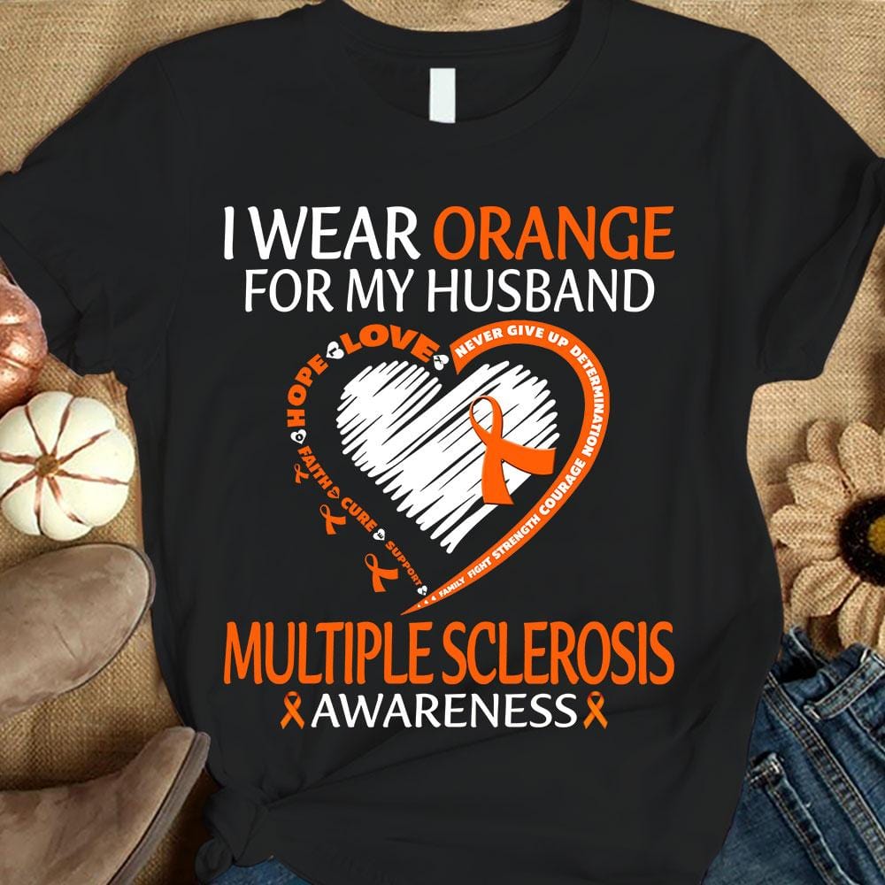 Llevo naranja por mi marido, fe, esperanza, amor, corazón de lazo, camiseta de concienciación sobre la esclerosis múltiple
