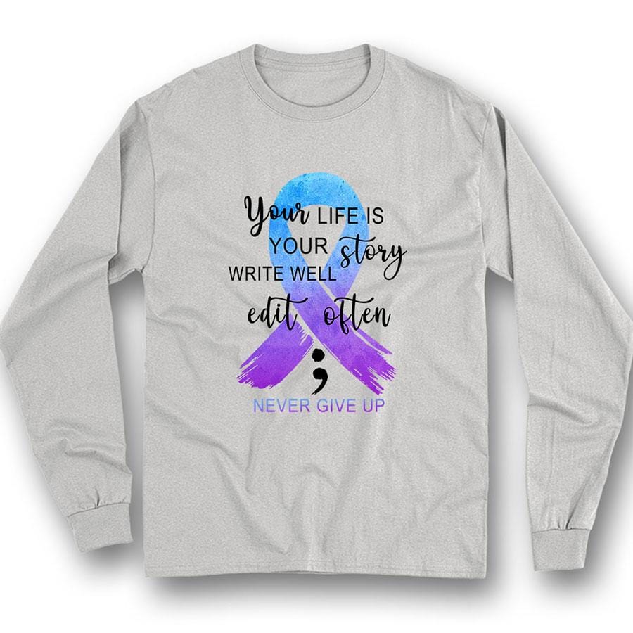 Tu vida es tu historia, camiseta con lazo y punto y coma para concienciar sobre la prevención del suicidio