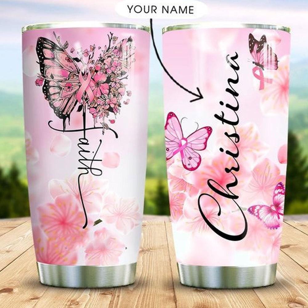Vaso personalizado para cáncer de mama, vaso con diseño de mariposa de fe para concienciar sobre el cáncer de mama