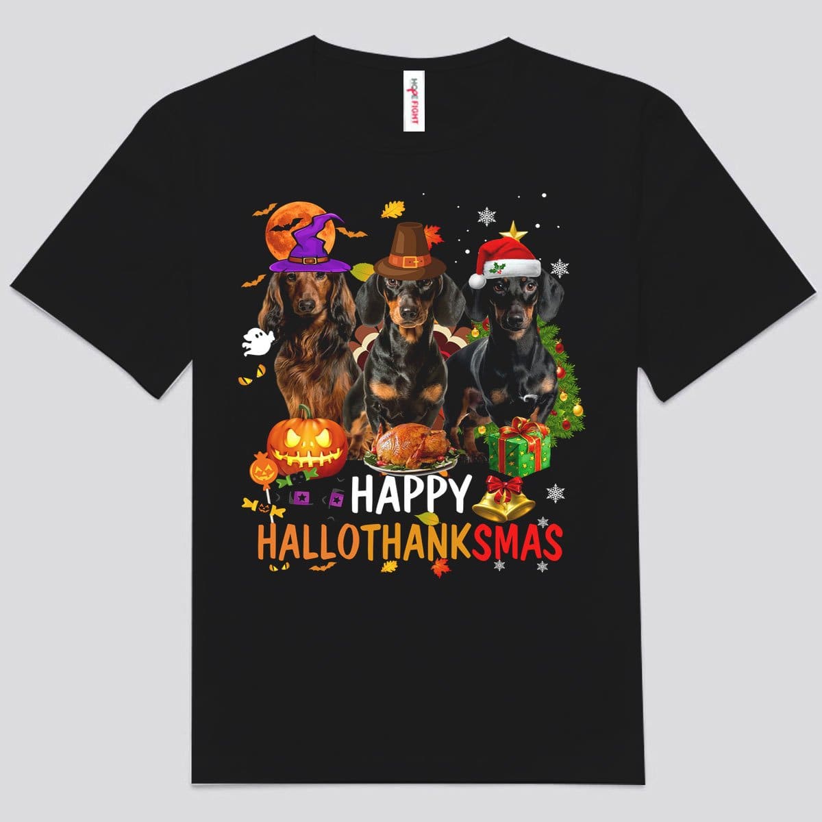 Camisetas de perro salchicha con el mensaje "Happy Hallothanksmas"