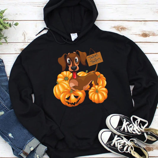 Sudadera con capucha y camisetas de Halloween con diseño de perro salchicha y truco o trato