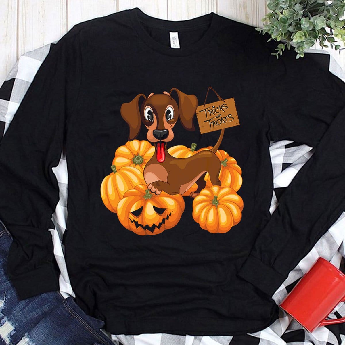 Sudadera con capucha y camisetas de Halloween con diseño de perro salchicha y truco o trato