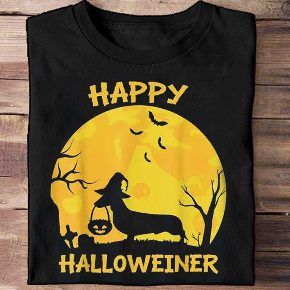 Camisetas de perro salchicha con el mensaje "Happy Halloween"