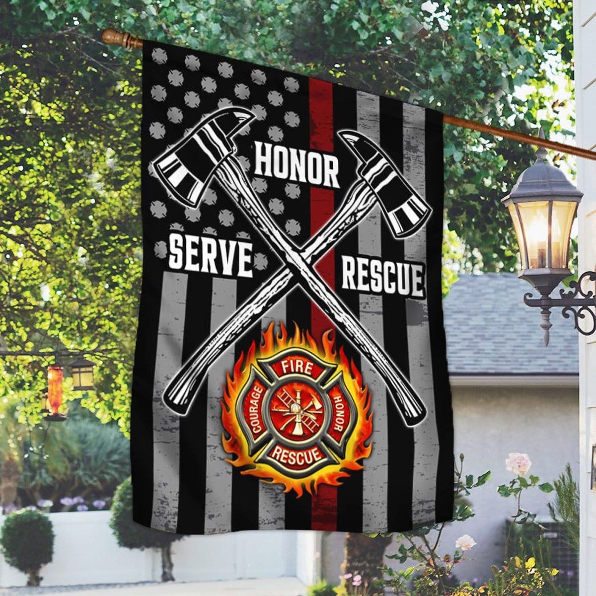 Bandera de bombero de rescate con servicio de honor para casa y jardín