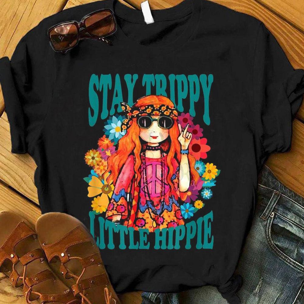 Mantente alucinante, pequeño hippie, camisetas hippies