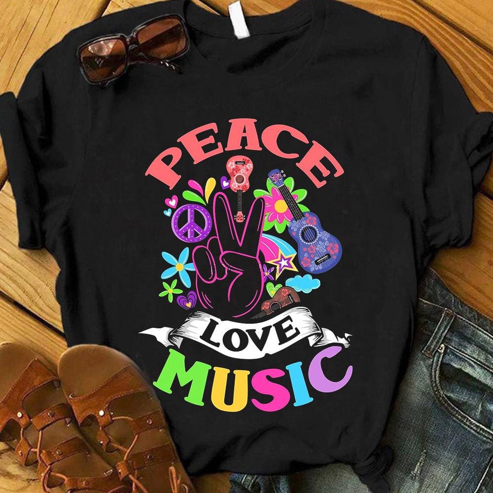 Paz, amor, música, camisetas hippies