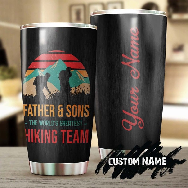 Vaso personalizado para el Día del Padre con el texto "El mejor equipo de senderismo", padre e hijo