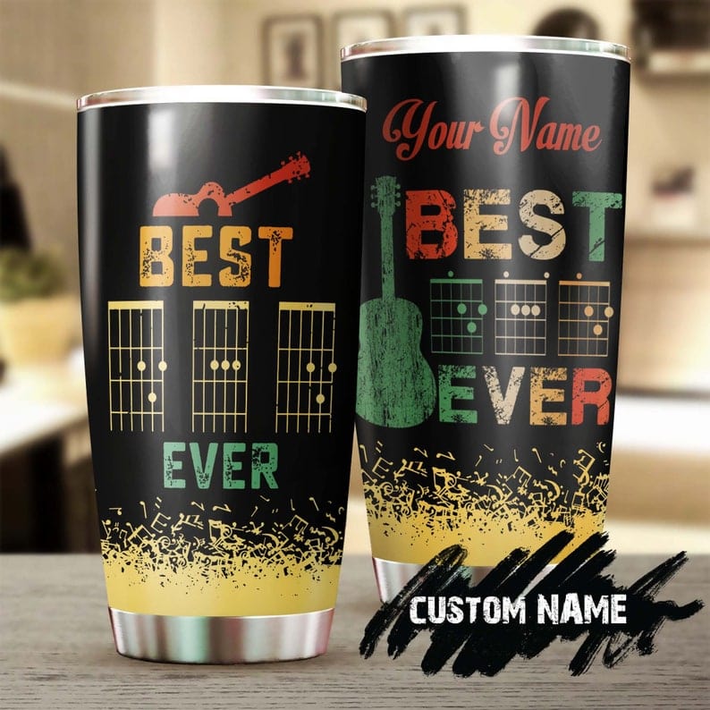 Vaso personalizado para el día del padre con el texto "El mejor papá del mundo" y guitarra