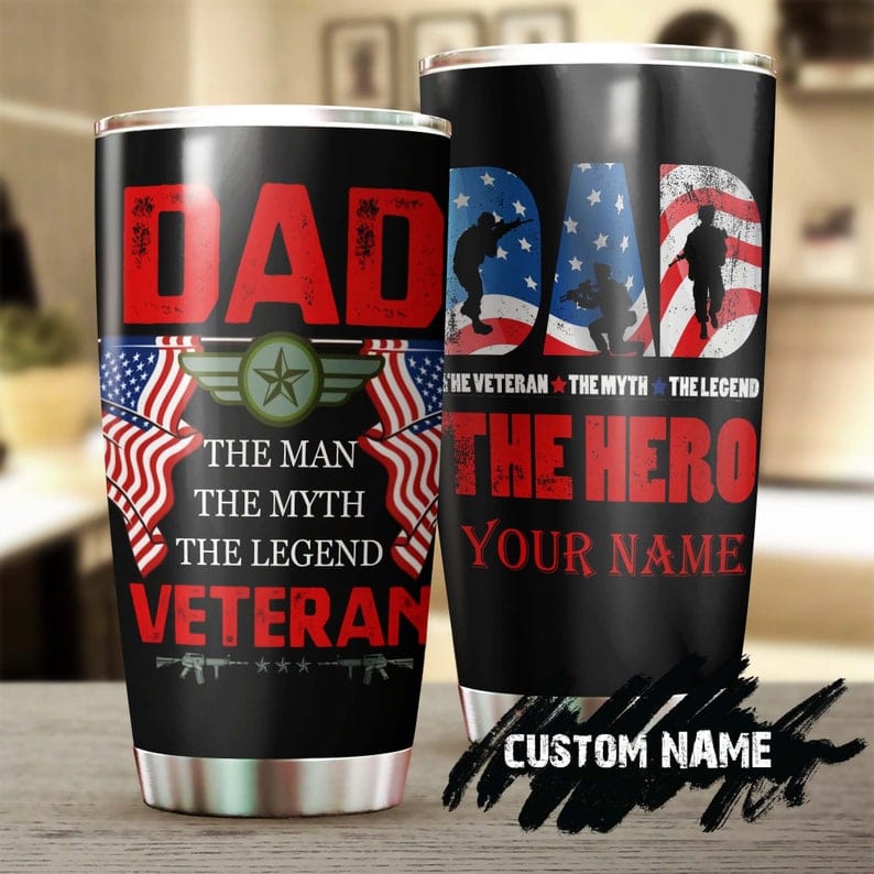Vaso personalizado para el Día del Padre con el lema "El mito, la leyenda, papá veterano"
