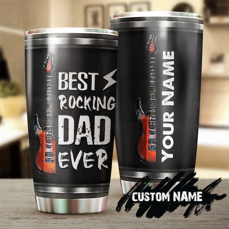 Vaso personalizado para el Día del Padre con el mensaje "El mejor papá rockero de todos los tiempos"