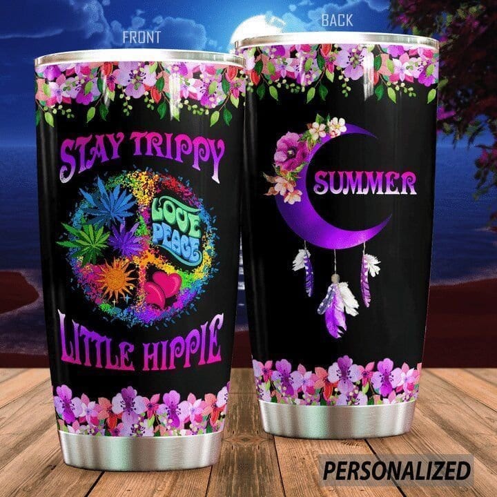 Vaso personalizado con diseño de pequeño hippie con texto en inglés "Stay Trippy"