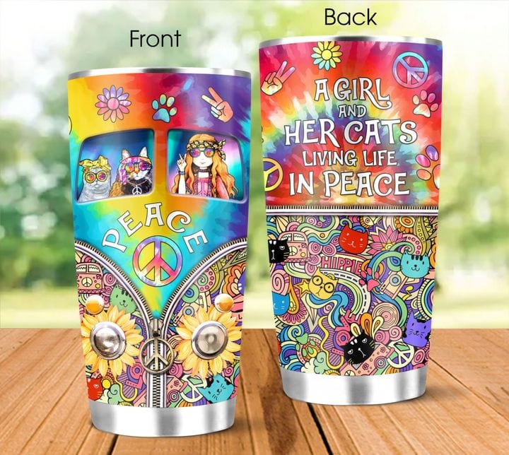 A Girl & Her Cats Living Life In Piece Hippie Tumbler