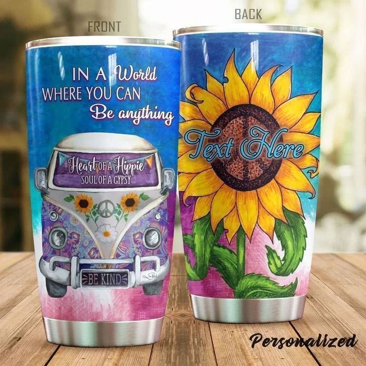 Vaso personalizado con diseño de girasol hippie y texto "Sé amable"