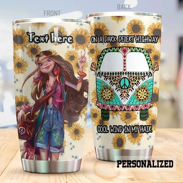 Vaso personalizado con diseño de chica hippie en furgoneta para acampar