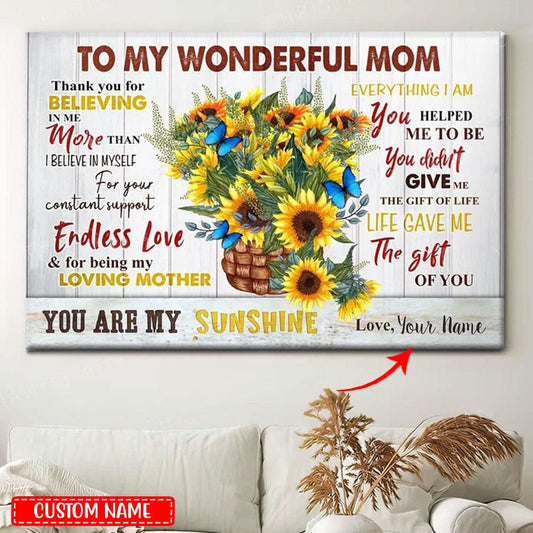 To My Wonderful Mom Sunflower Personalized Mother's Day Poster, Canvas