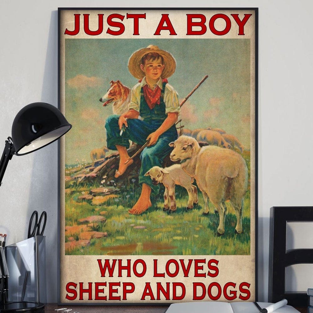 Póster, lienzo, Sólo un niño que ama a las ovejas y a los perros