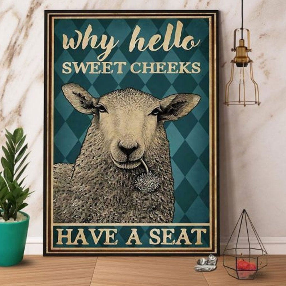 Póster vintage de ovejas, lienzo, ¿por qué Hello Sweet Cheeks tiene asiento?