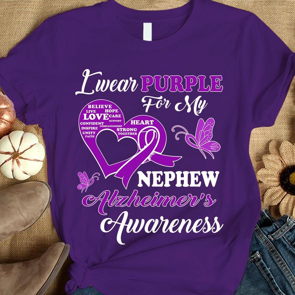 I Wear Purple For Nephew, Alzheimer's Awareness Support Shirt, Ribbon Butterfly