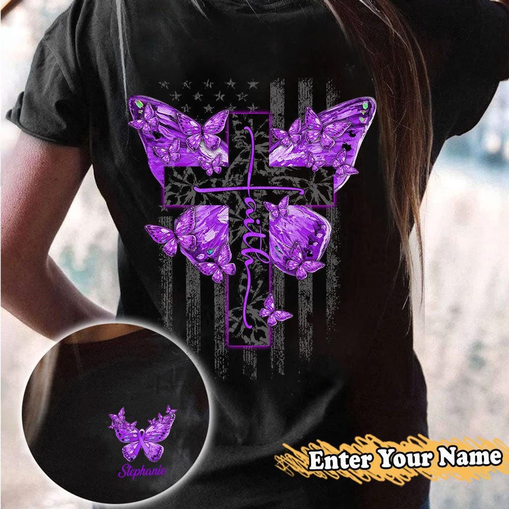 Camiseta personalizada de concienciación sobre el guerrero del Alzheimer con impresión en la parte delantera y trasera, cruz de mariposa con fe