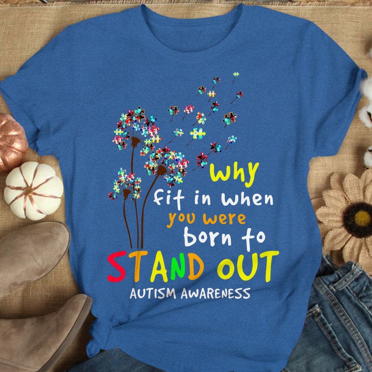 Por qué encajar cuando naciste para destacar, pieza de rompecabezas azul, diente de león, camiseta de concienciación sobre el autismo