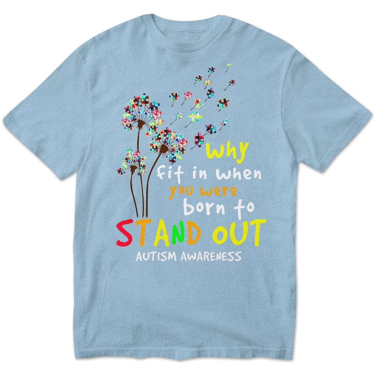 Por qué encajar cuando naciste para destacar, pieza de rompecabezas azul, diente de león, camiseta de concienciación sobre el autismo