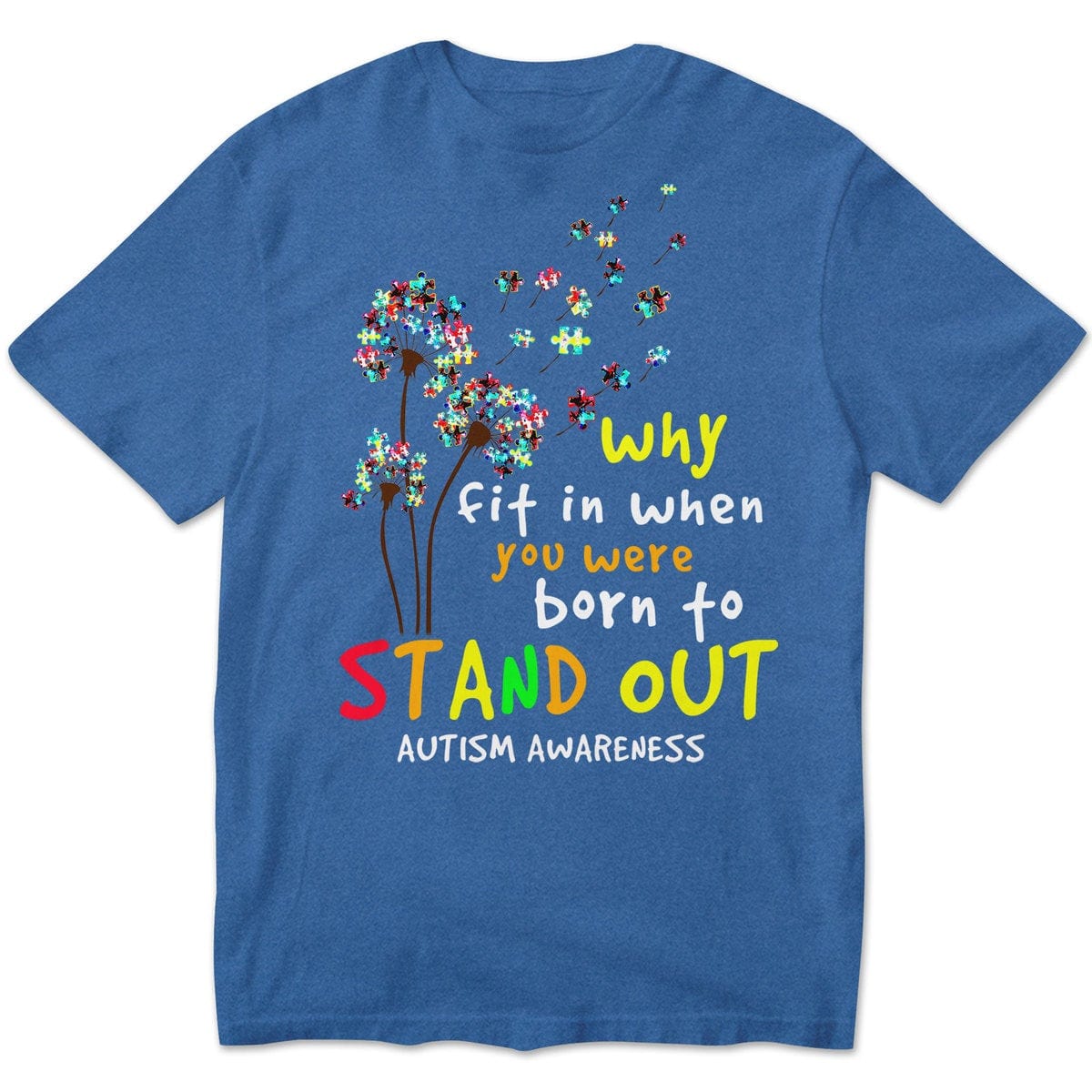 Por qué encajar cuando naciste para destacar, pieza de rompecabezas azul, diente de león, camiseta de concienciación sobre el autismo