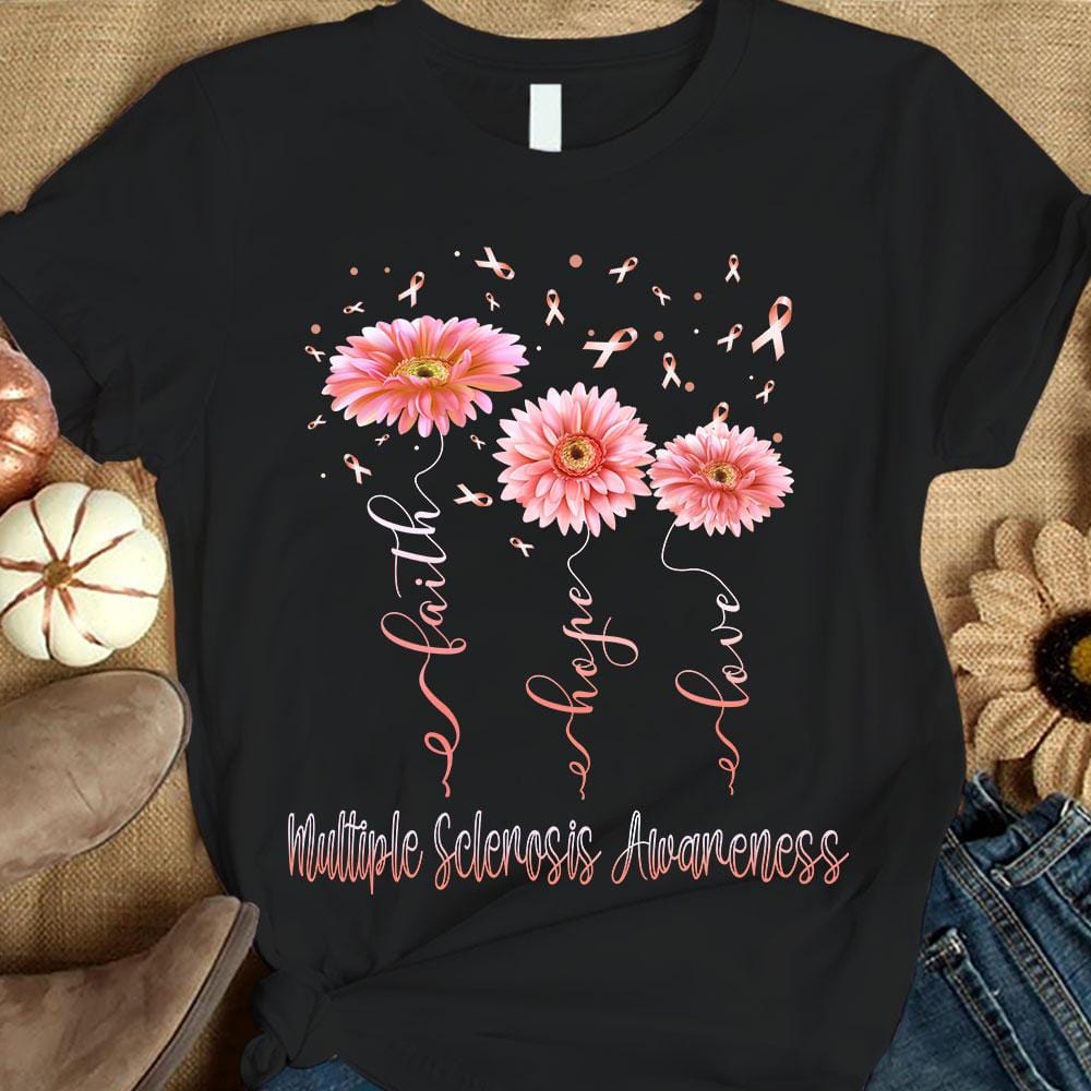 Camiseta con lazo de gerbera, fe, esperanza y amor para concienciar sobre la esclerosis múltiple