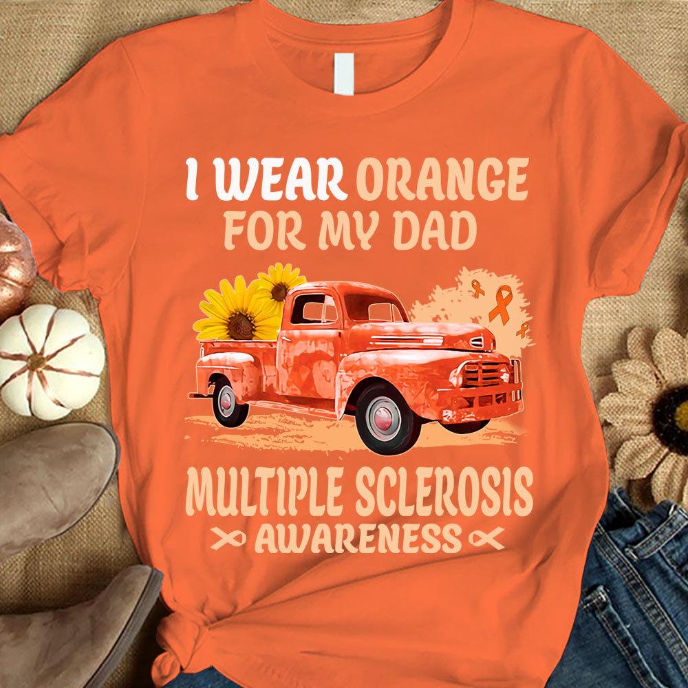 Llevo naranja por mi papá, cinta con girasol y auto, camiseta de apoyo para la concienciación sobre la esclerosis múltiple