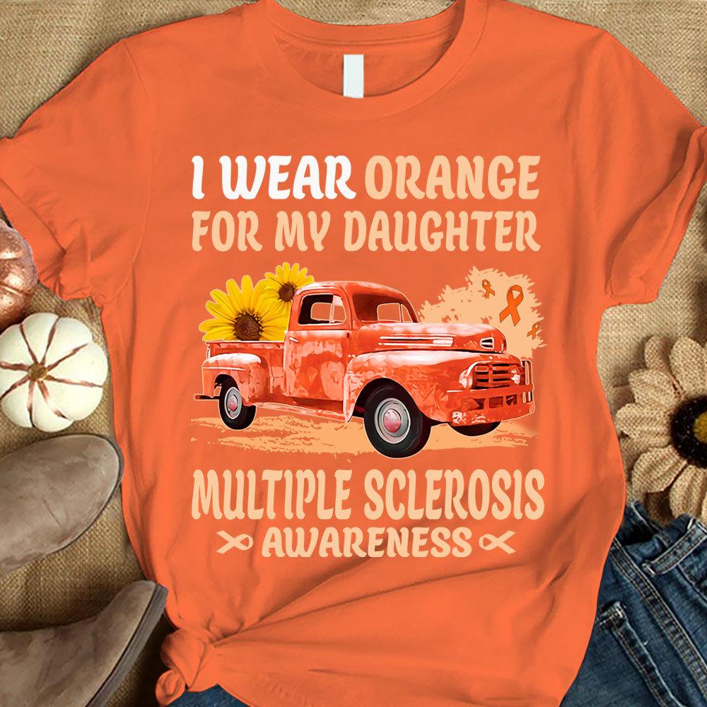 Llevo naranja por mi hija, camiseta con lazo, girasol y coche, concienciación sobre la esclerosis múltiple