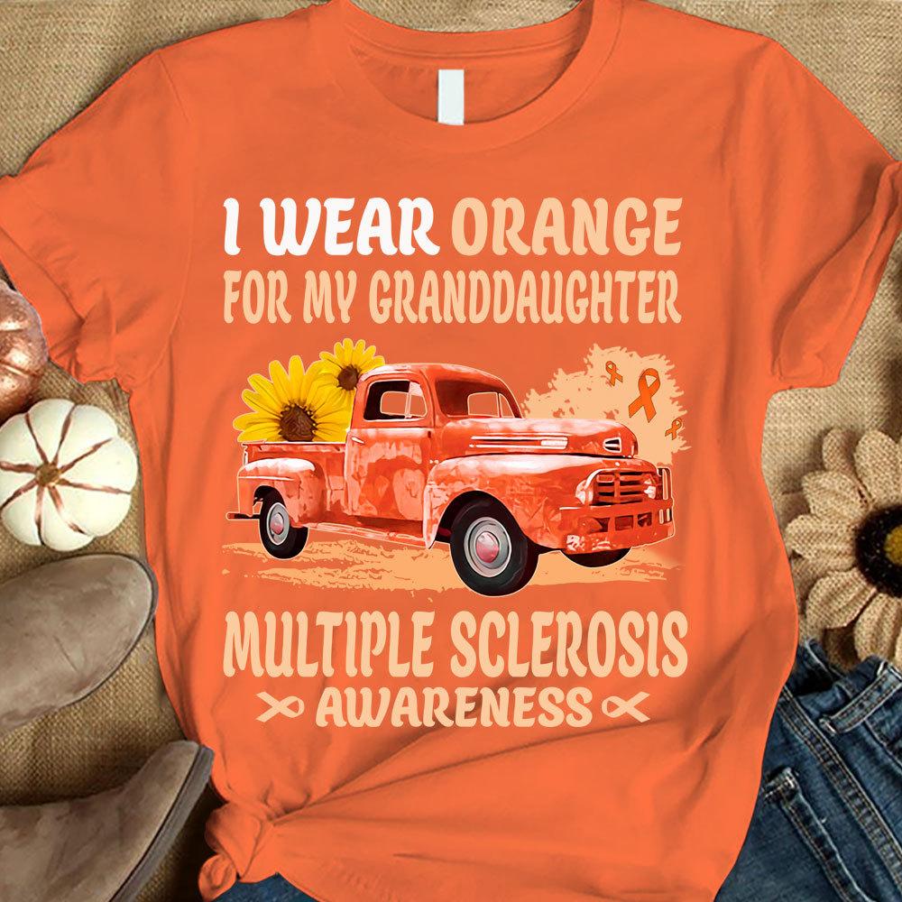 Llevo naranja por mi nieta, cinta con girasol y coche, camiseta de apoyo a la concienciación sobre la esclerosis múltiple