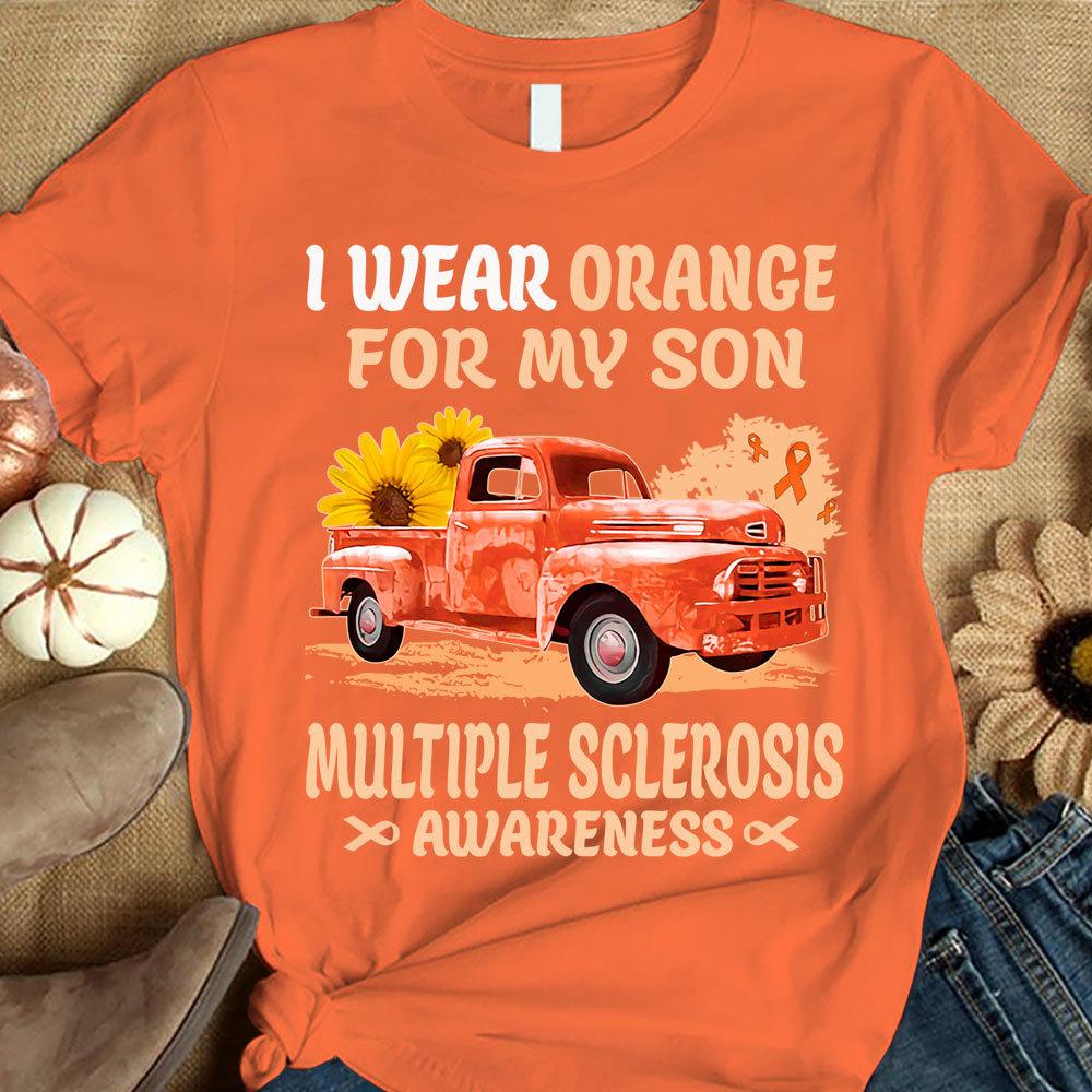 Llevo naranja por mi hijo, cinta con girasol y coche, camiseta de apoyo a la concienciación sobre la esclerosis múltiple