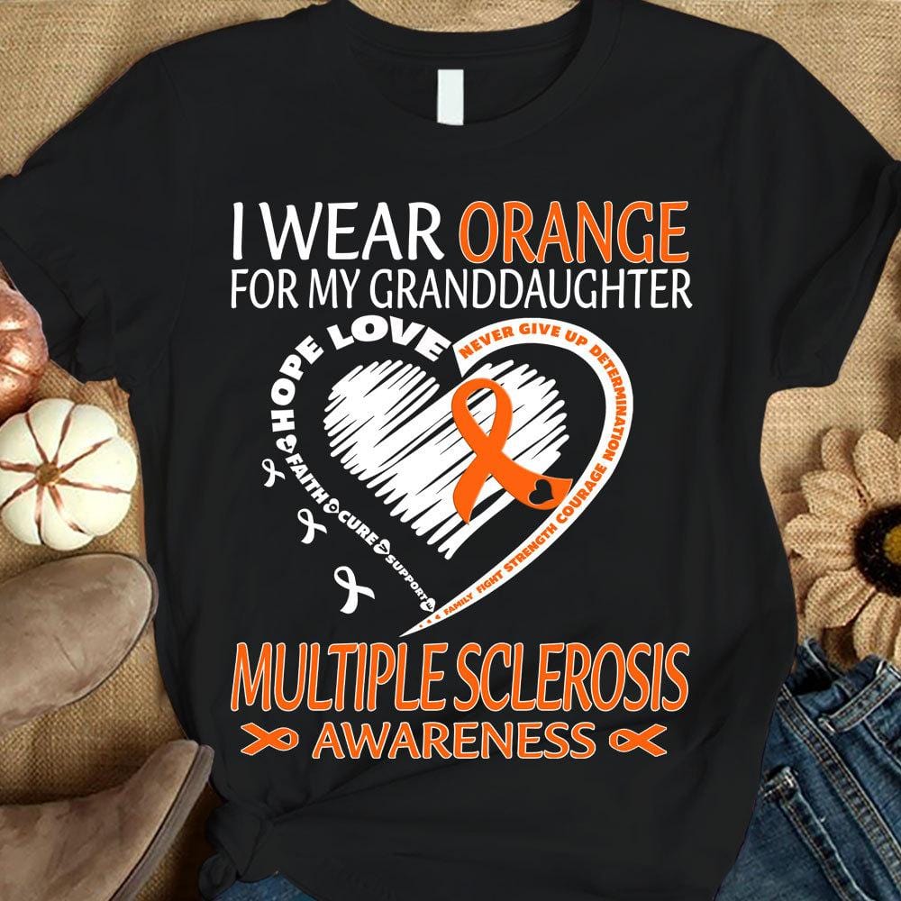 Me visto de naranja por mi nieta, fe, esperanza, amor, cura, apoyo, cinta con forma de corazón, camiseta de concienciación sobre la esclerosis múltiple