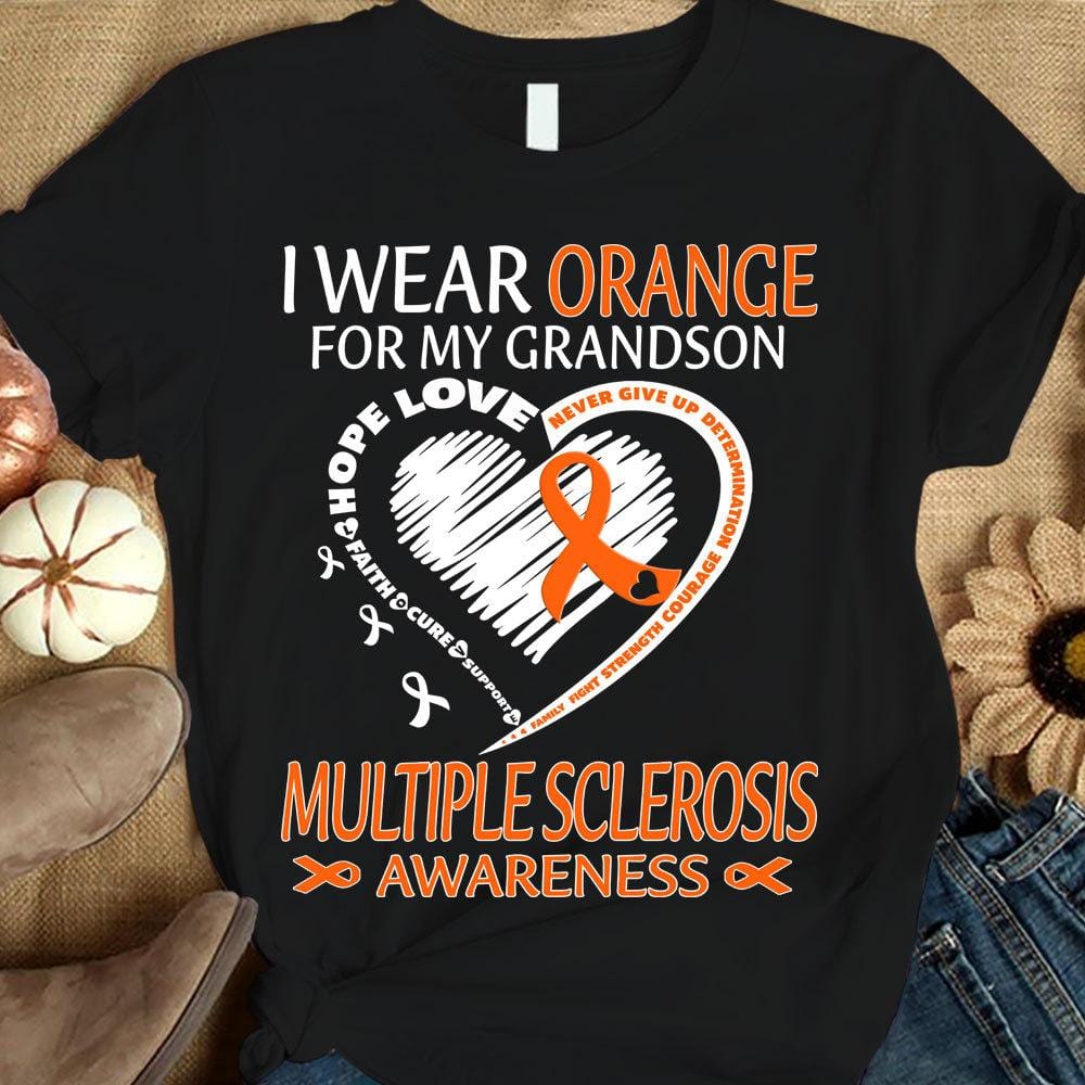 Me visto de naranja por mi nieto, fe, esperanza, amor, cura, apoyo, cinta con forma de corazón, camiseta de concienciación sobre la esclerosis múltiple