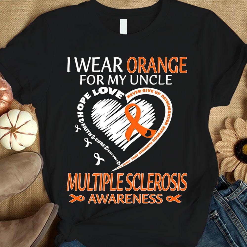 Me visto de naranja por mi tío, fe, esperanza, amor, cura, apoyo, cinta con forma de corazón, camiseta de concienciación sobre la esclerosis múltiple