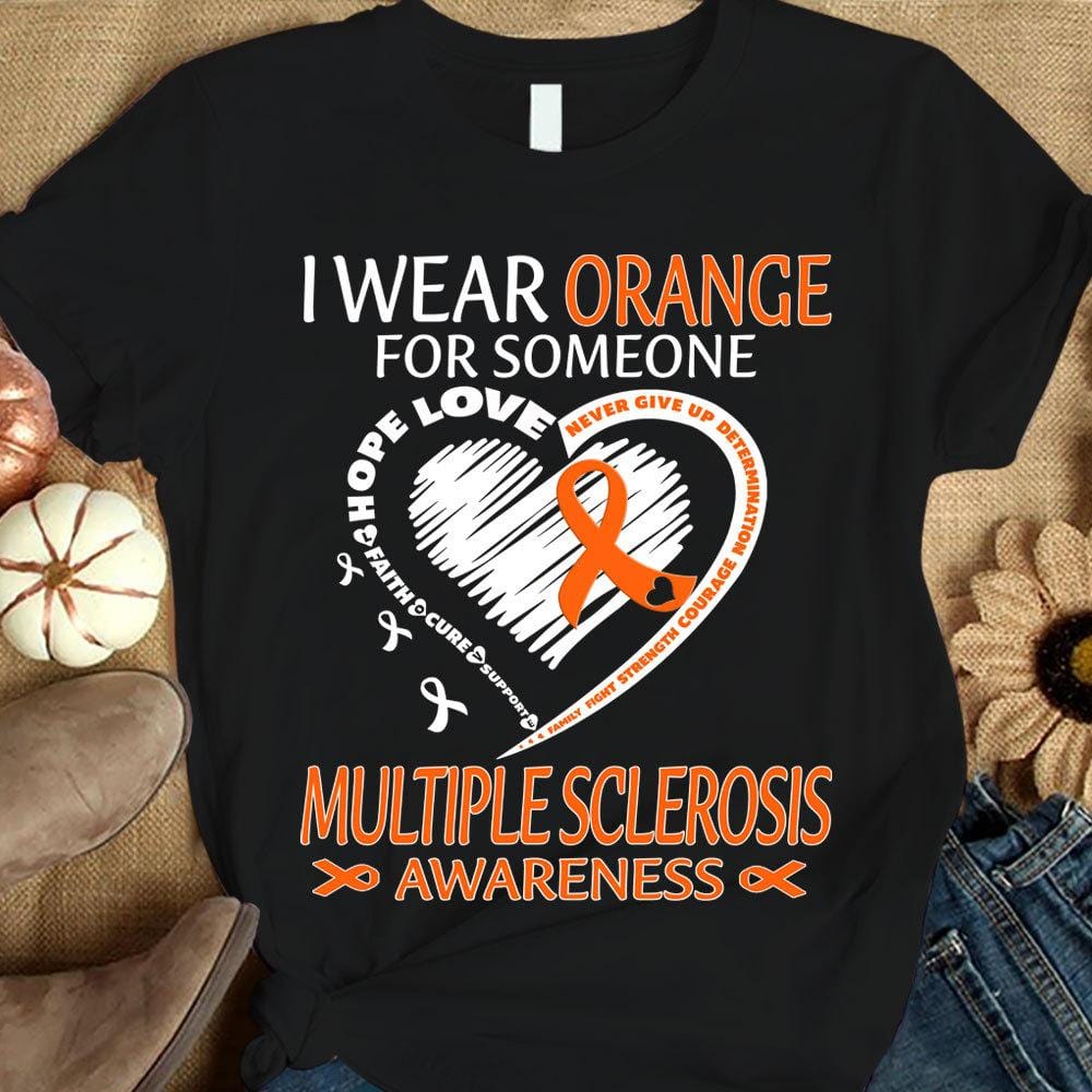 Me visto de naranja por alguien, fe, esperanza, amor, cura, apoyo, corazón con lazo, camiseta de concienciación sobre la esclerosis múltiple