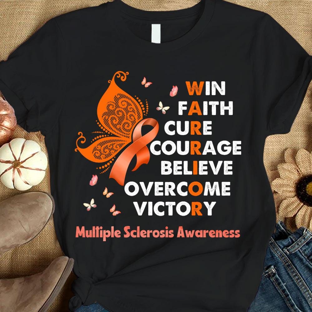 Camiseta de concienciación sobre la esclerosis múltiple con lazo naranja y mariposa