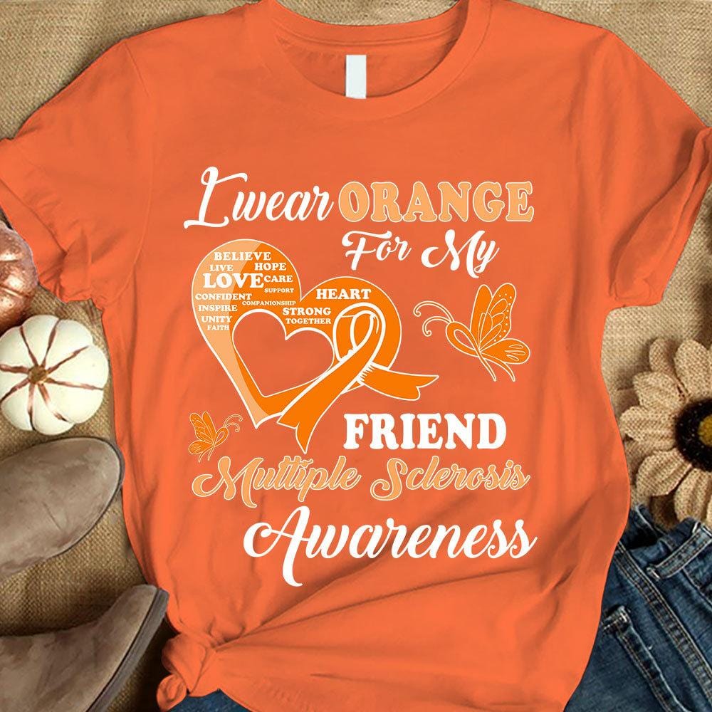Llevo naranja por un amigo, camiseta de apoyo para la concienciación sobre la esclerosis múltiple, lazo con mariposa