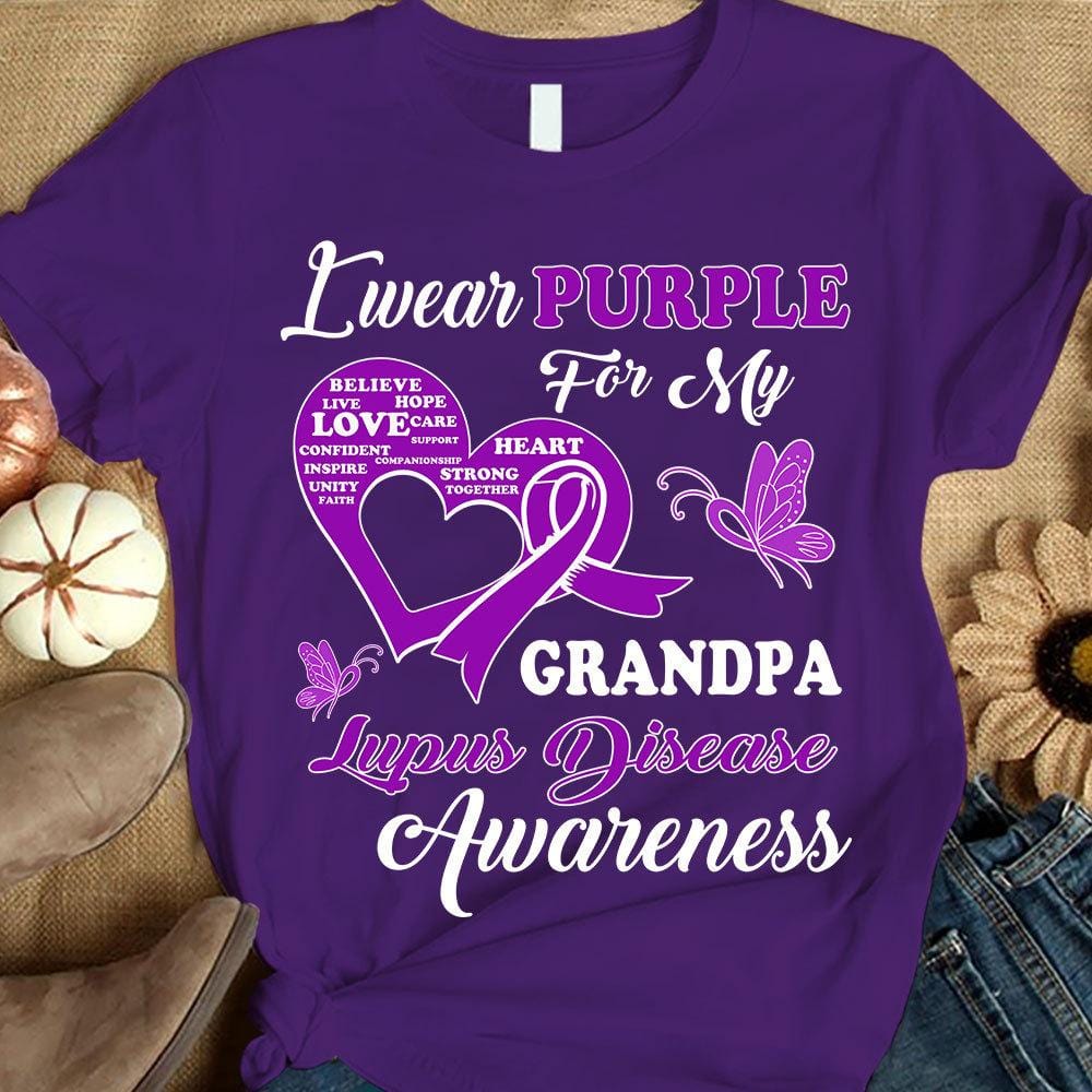 Llevo morado por mi abuelo, camiseta de guerrero de la concienciación sobre el lupus, cinta con forma de corazón y mariposa