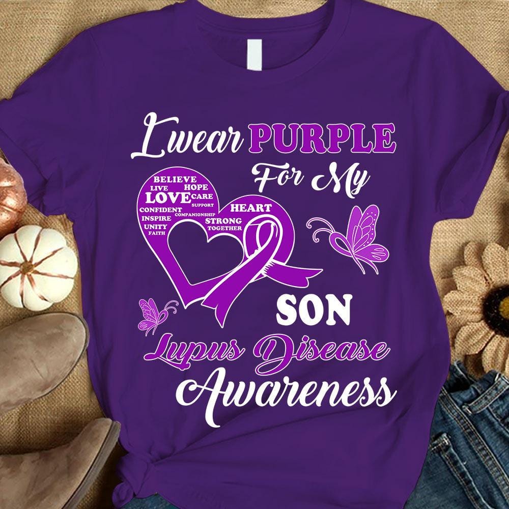 Llevo morado por mi hijo, camiseta de guerrero de la concienciación sobre el lupus, cinta con forma de corazón y mariposa