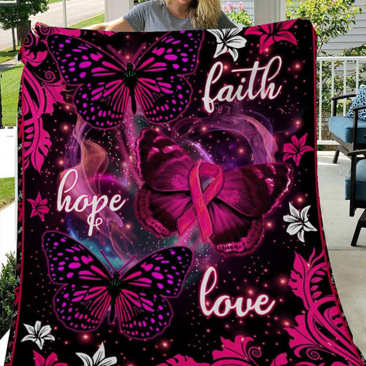 Faith Hope Love With Pink Ribbon And Butterfly, Breast Cancer Fleece & Sherpa Blanket