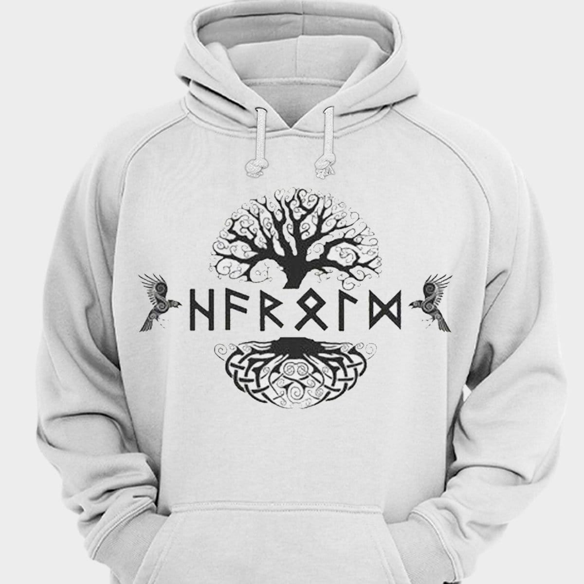 Camisas vikingas con el árbol Yggdrasil y cuervos gemelos