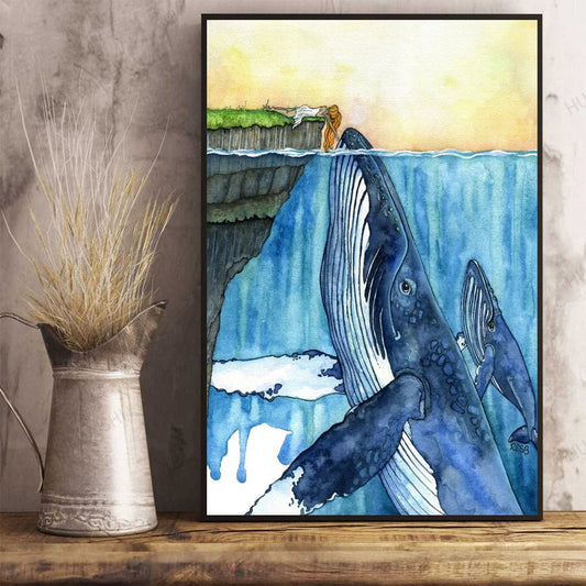 Póster de acuarela de ballena y niña, lienzo