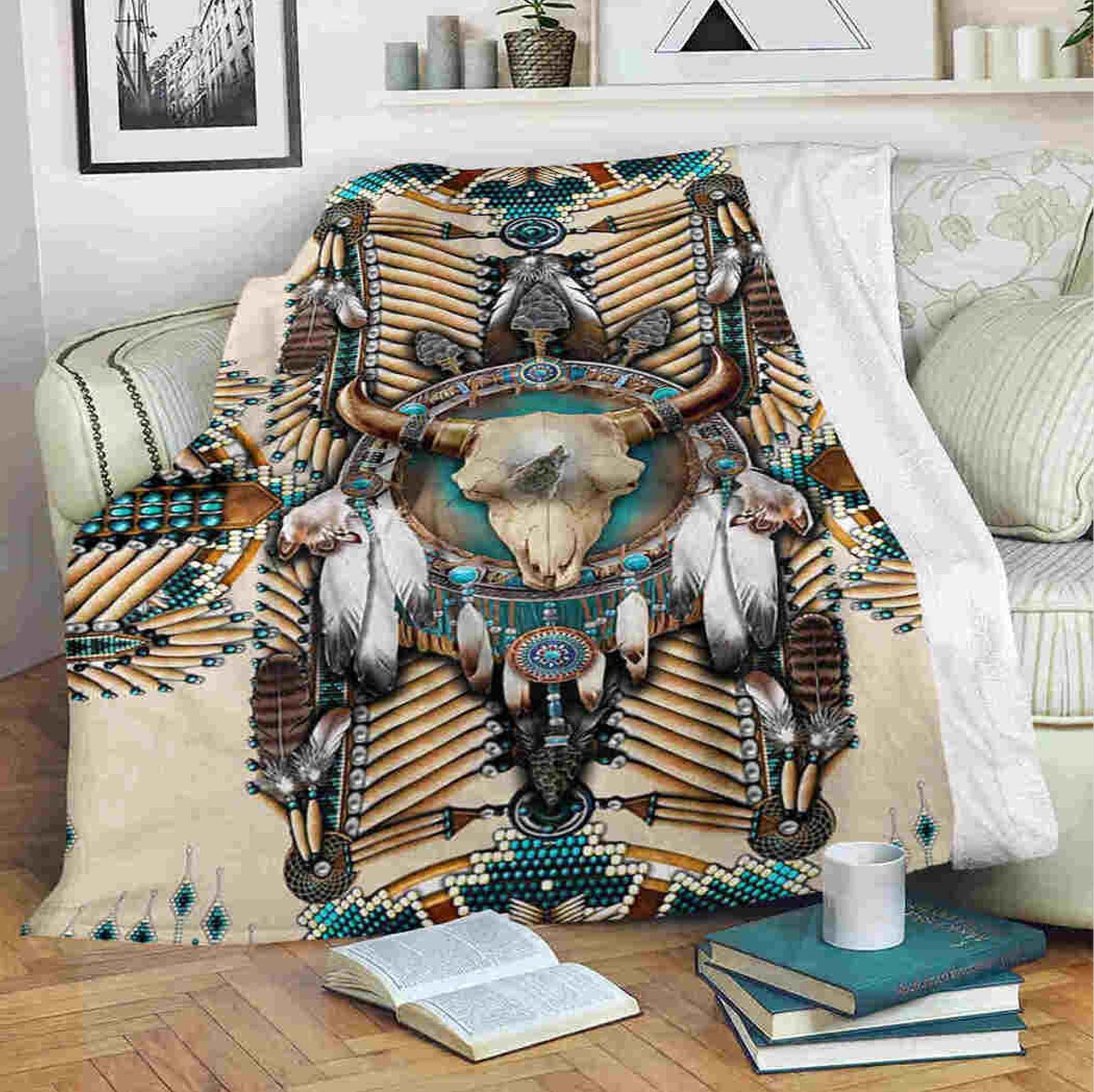 Native American Buffalo Skull Feather Fleece & Sherpa Blanket