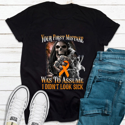 Camiseta de concienciación sobre la esclerosis múltiple con el cráneo "Tu primer error"