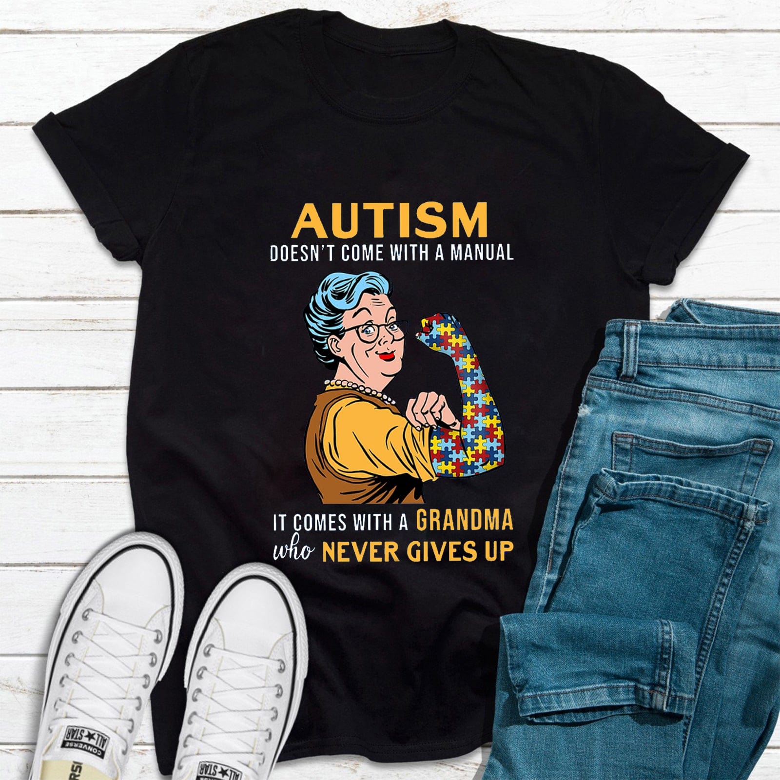 El autismo no viene con un manual, viene con una abuela que nunca se rinde Camiseta de concienciación sobre el autismo